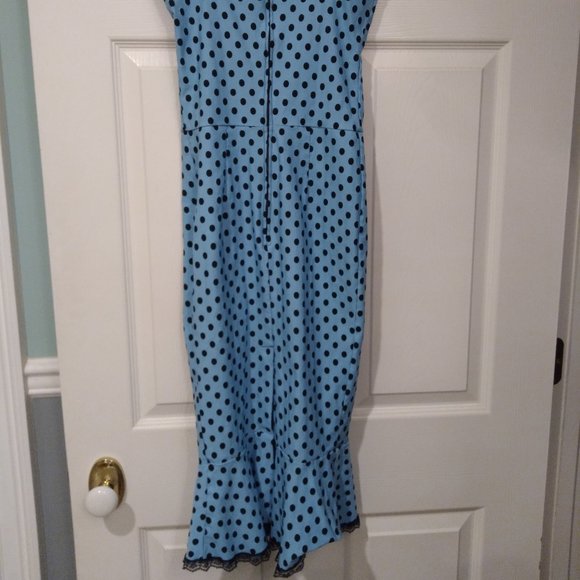 Switchblade Stiletto Pinup Retro Stretch Blue dot rockabilly wiggle ruffle Dress - Picture 5 of 6